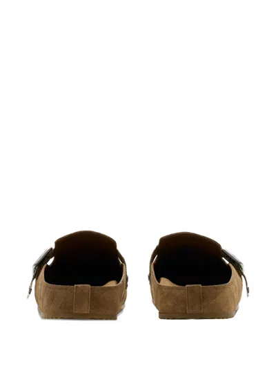 Burberry Suede Slippers With Buckle Detail And Textured Finish In Brown