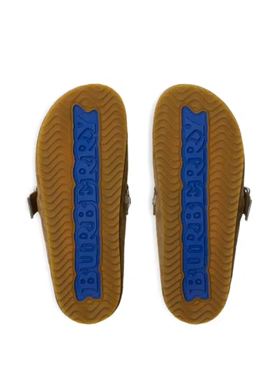 Burberry Suede Slippers With Buckle Detail And Textured Finish In Brown