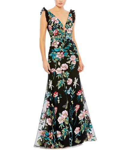 Mac Duggal Embroidered Floral Plunge Neck Trumpt Gown