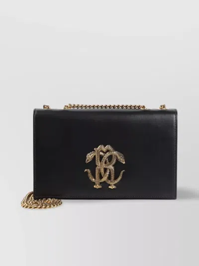 Roberto Cavalli Black Leather Shoulder Bag With Gold Emblem In Purple