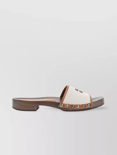Miu Miu Canvas And Leather Studded Clog Sandals In Neutral