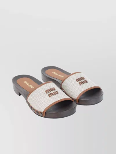Miu Miu Canvas And Leather Studded Clog Sandals In Neutral