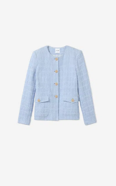 St John St. John Collection Plaid Textured Cotton Blend Tweed Jacket In Blue
