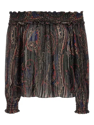 Saint Laurent Smocked Off-the-shoulder Blouse Ruffled Neckline In Brown