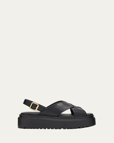 Prada Leather Caged Fisherman Sandals In Black