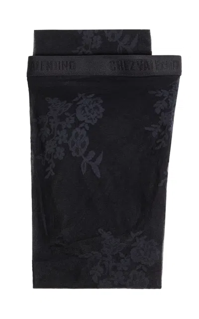 Valentino Sheer Floral Pattern Lycra Tights With Elastic Waistband In Black