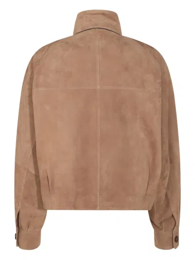 Brunello Cucinelli Leather Jacket With Button Detail And Front Pockets In Brown