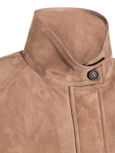 Brunello Cucinelli Leather Jacket With Button Detail And Front Pockets In Brown