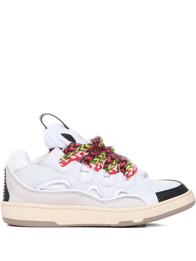 Lanvin Curb Leather Sneakers With Multicolor Laces In White