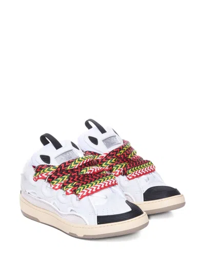 Lanvin Curb Leather Sneakers With Multicolor Laces In White