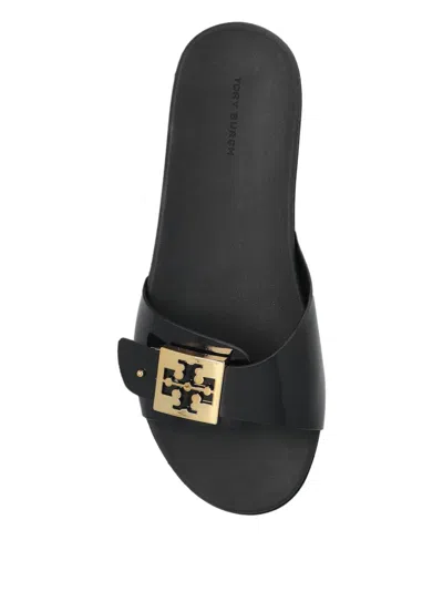 Tory Burch Prominent Buckle Slide Sandals In Smooth Leather In Black