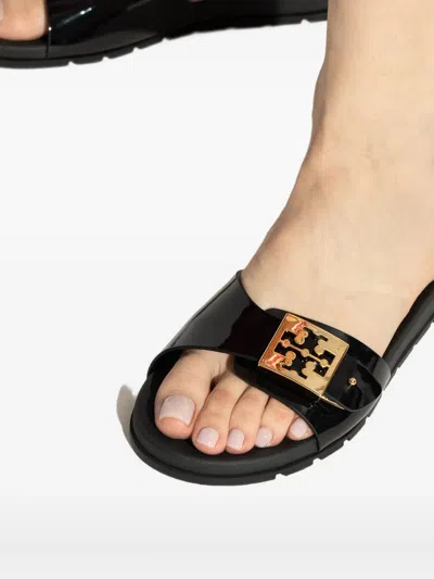 Tory Burch Prominent Buckle Slide Sandals In Smooth Leather In Black