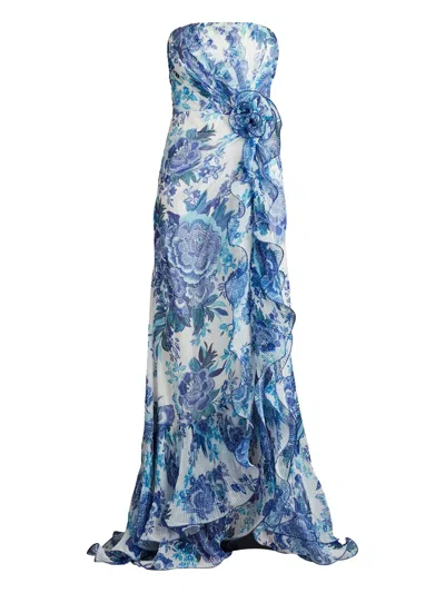 Tadashi Shoji Chw24386l Floral Printed Formal Long Slit Prom Pleated Ruffle Dress