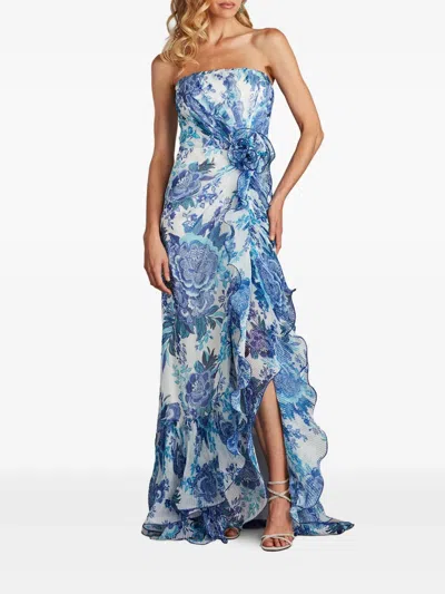 Tadashi Shoji Chw24386l Floral Printed Formal Long Slit Prom Pleated Ruffle Dress