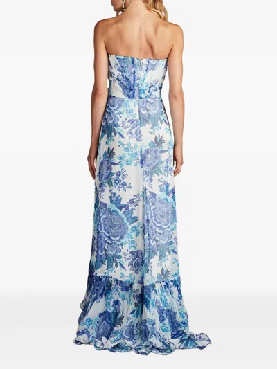 Tadashi Shoji Chw24386l Floral Printed Formal Long Slit Prom Pleated Ruffle Dress