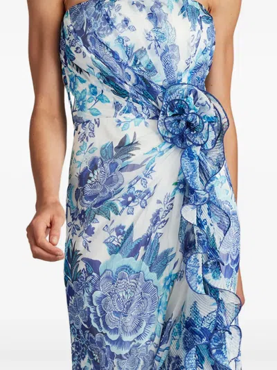 Tadashi Shoji Chw24386l Floral Printed Formal Long Slit Prom Pleated Ruffle Dress