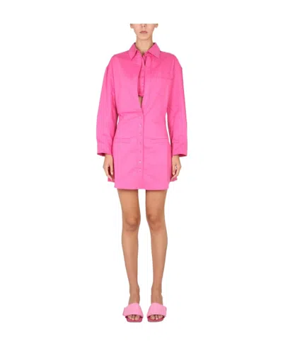 Jacquemus Baunhilha Layered Linen Mini Shirt Dress In Fucsia