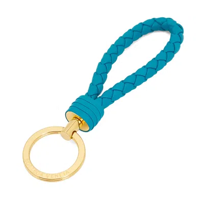 Bottega Veneta Peacock Blue Keyring In Woven Leather