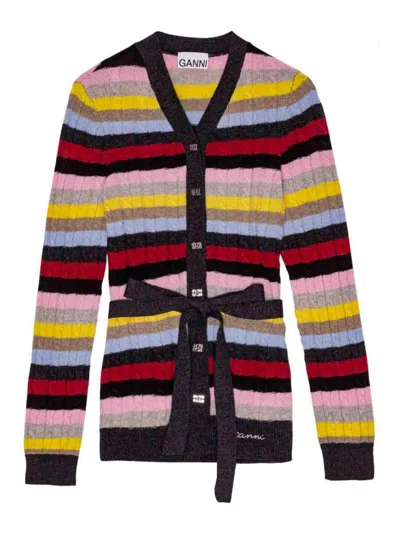 Ganni Multicoloured Striped Cardigan With Belt In Red