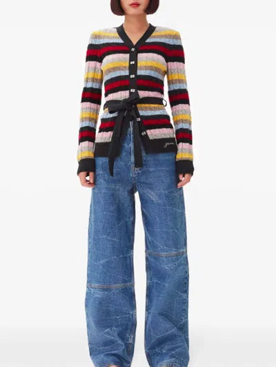 Ganni Multicoloured Striped Cardigan With Belt In Red