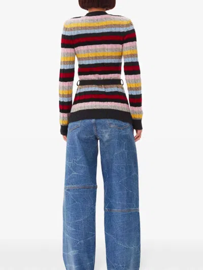 Ganni Multicoloured Striped Cardigan With Belt In Red