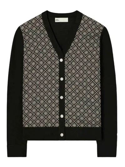 Tory Burch Monogram Print Silk And Wool Cardigan In Black