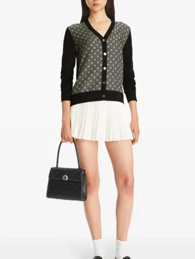 Tory Burch Monogram Print Silk And Wool Cardigan In Black