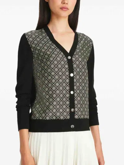 Tory Burch Monogram Print Silk And Wool Cardigan In Black