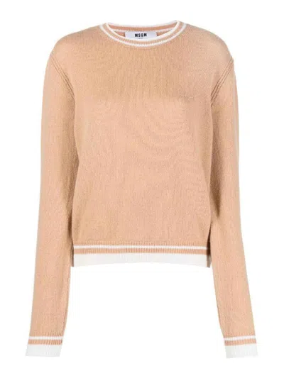 Msgm Emrboidered-logo Wool-cashmere Blend Jumper In Nude