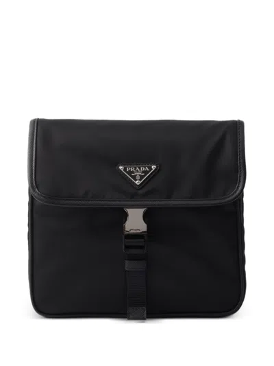 Prada Fabric Leather Shoulder Bag Adjustable Strap Front Flap In Black