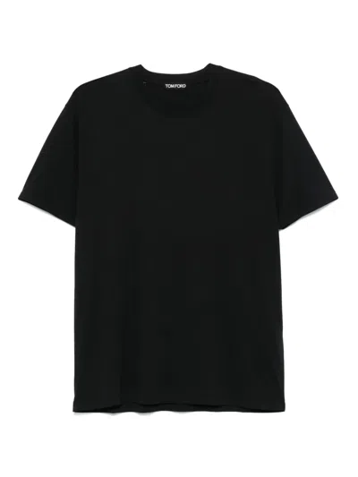 Tom Ford Black Crewneck T-shirt With Logo Embroidery On The Front In Cotton Blend Man In Black