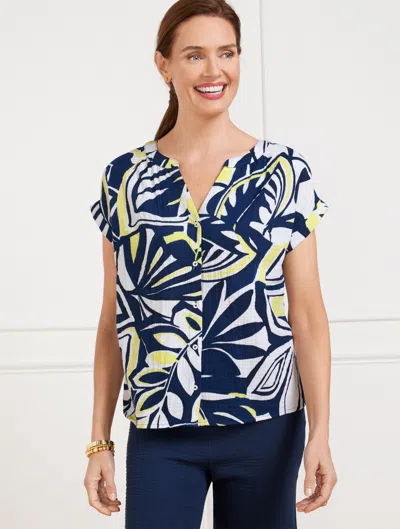 Talbots Plus Petite - Band Collar Gauze Top - Expressive Palms - Ink/lime Citron - 3x