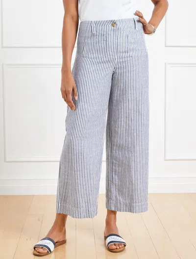 Talbots Petite - Wide Crop Patch Pocket Washed Linen Pants - Tailored Stripe - Indigo Blue/white - 4