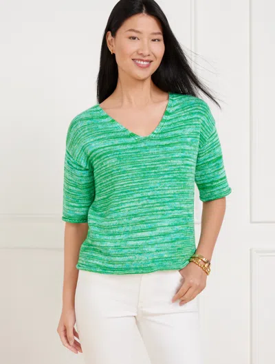 Talbots Plus Petite - Elbow Sleeve V-neck Pullover Sweater - Space Dye - Vineyard Green/turquoise - 1x - 100