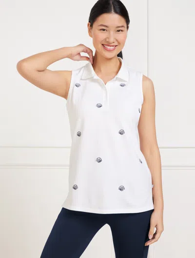 Talbots Petite - Piqué Sleeveless Polo Tank Top - Splashy Seashells - White/indigo - Large