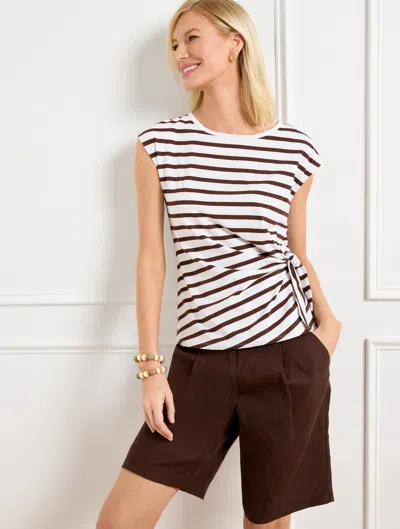 Talbots Plus Petite - Side Tie Crewneck T-shirt - Stripe - White/dark Walnut - 1x
