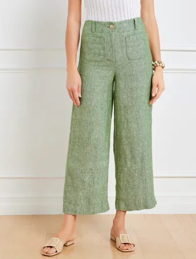 Talbots Plus Petite - Wide Crop Patch Pocket Washed Linen Pants - Olive Grove/white - 18