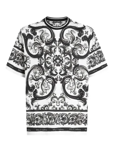 Dolce & Gabbana Men Black And White Crewneck T-shirt With All-over Graphic Print In Cotton Man In Multi