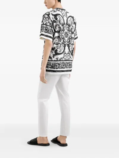 Dolce & Gabbana Men Black And White Crewneck T-shirt With All-over Graphic Print In Cotton Man In Multi