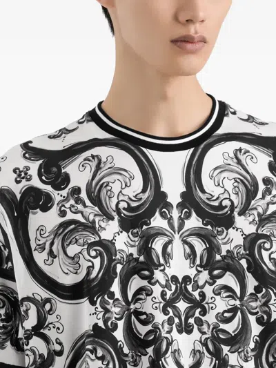 Dolce & Gabbana Men Black And White Crewneck T-shirt With All-over Graphic Print In Cotton Man In Multi