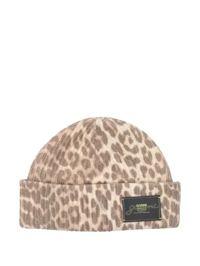 Ganni Womens Leopard Graphic Print Wool Blend Beanie In Brown