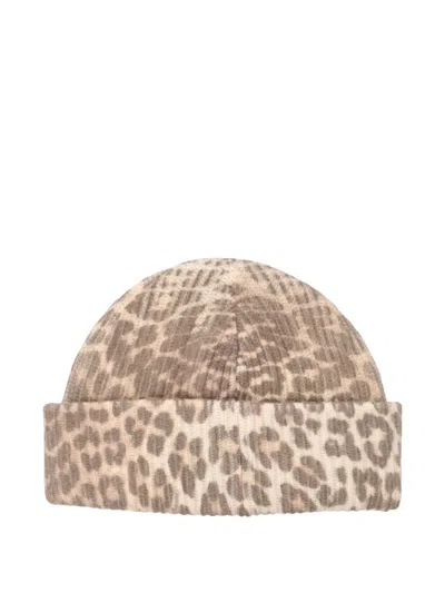Ganni Womens Leopard Graphic Print Wool Blend Beanie In Brown