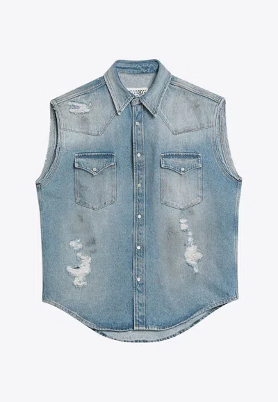 Mm6 Maison Margiela Mm6 By Maison Margiela Short-sleeved Denim-effect Shirt With Flap Pockets In Blue
