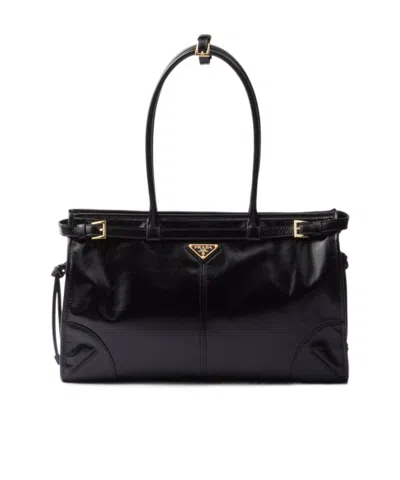 Prada Womens Black Logo-plaque Large Leather Top-handle Bag