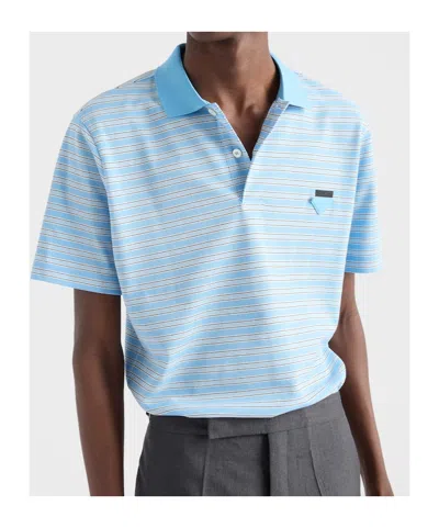 Prada Embroidered Piquet Polo Shirt In Blue