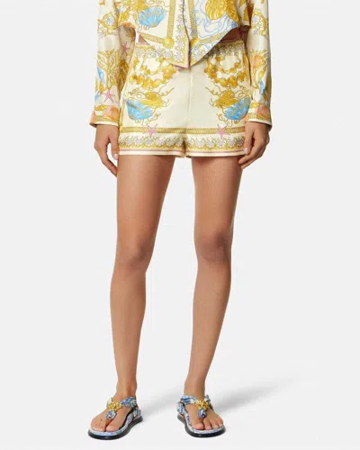 Versace Multicolor Shorts With Elastic Waist And All-over Underwater Barocco Print In Silk Woman
