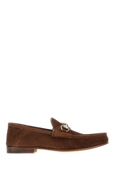 Gucci Men Suede Loafers With All-over Gg Motif In Brown