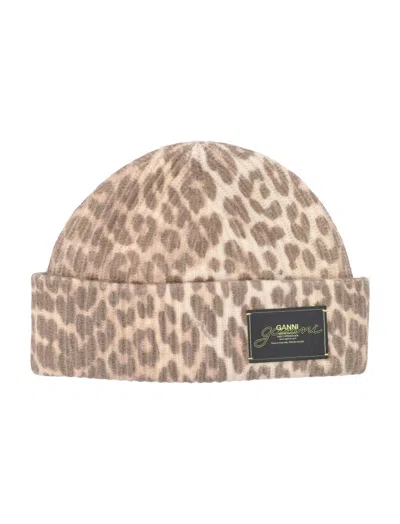 Ganni Womens Leopard Graphic Print Wool Blend Beanie In Brown