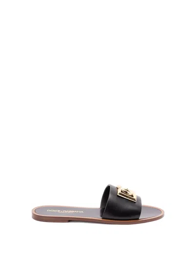 Dolce & Gabbana Black Calf Leather Bianca Slides In Black