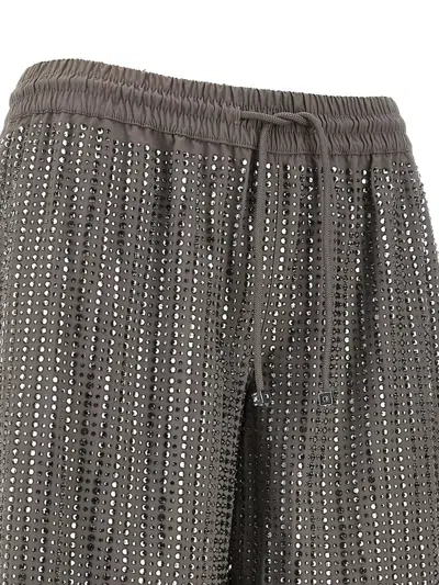 Venuja Grey Swim Shorts With Elastic Drawstring Waist And All-over Pinstripe Rhinestones Embellishments In Gray